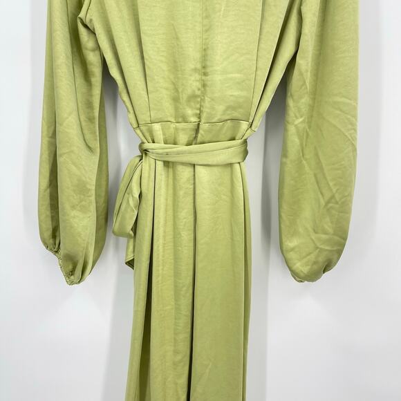 ELLIATT | Kai Maxi Dress in Avocado Green Satin Surplice Balloon Sleeve L - Picture 14 of 16